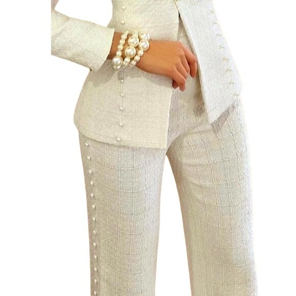 ELEGANT WHITE DRESS PANTS WITH PEARL DETAIL  - SIZE M - Picture 2 of 2